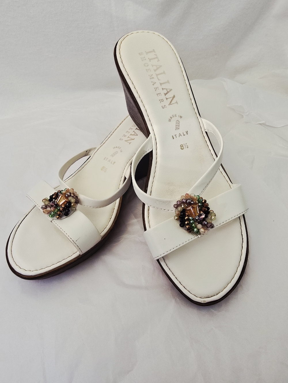 Italian Shoemakers Beaded White Wedge Sandals - Size 8.5